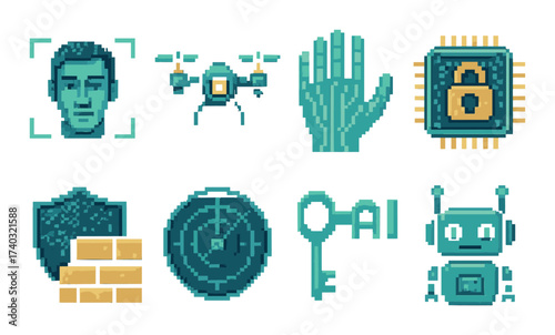 Futuristic technology icons: drone, ai, biometrics, cybersecurity