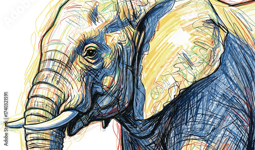 Vibrant Elephant Portrait Colorful Hand-Drawn Illustration Capturing the Majesty of the African Wildlife