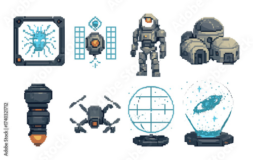 Pixel art sci-fi elements: robot, space station, drone, astronaut, hologram, galaxy