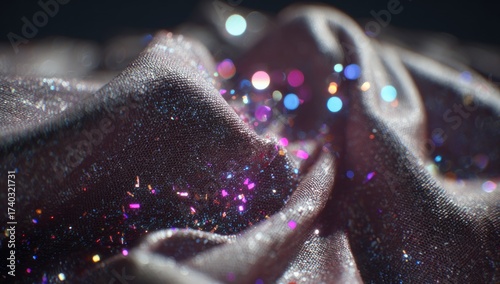 Close-up of dark, textured fabric with colorful, bokeh-like sparkles; abstract composition