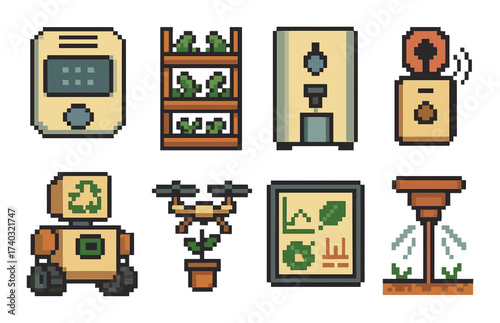 Pixel art icons of sustainable agriculture with smart devices and eco-friendly technology