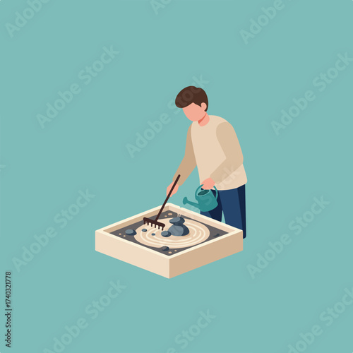 Person tending to a miniature Zen garden with a rake and watering can