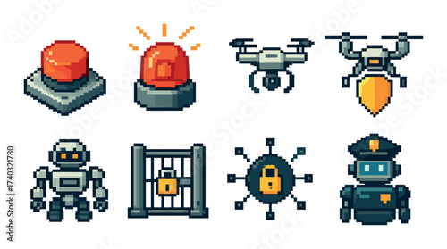 Pixel art: security gadgets and robots in vibrant style