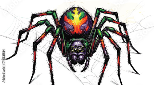 Detailed artistic illustration of a colorful fantasy spider with intricate psychedelic patterns, isolated against a white background with a web