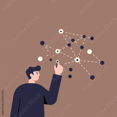 Person interacting with abstract network of dots and lines
