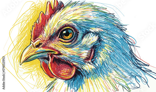 Vibrant close-up illustration of a chicken's head, showcasing colorful plumage and keen eye