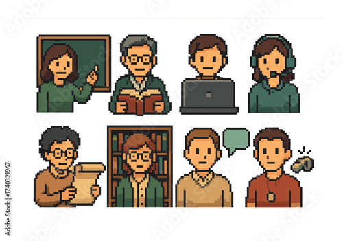 Pixel art characters in various professions and activities