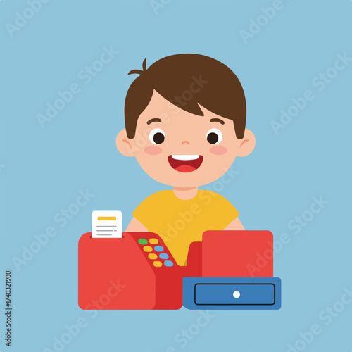 Cheerful child using a toy cash register with receipt and cash drawer