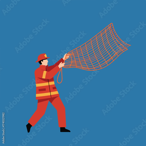 Flat illustration of a rescuer in uniform holding an orange net
