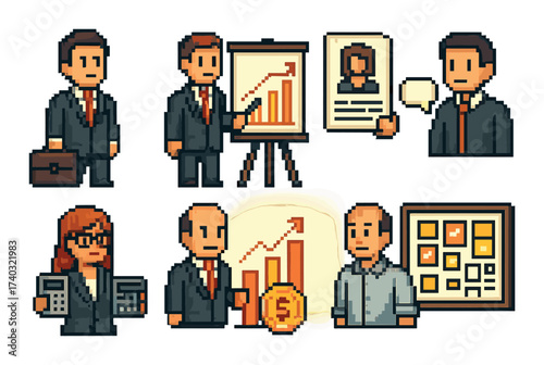 Pixel art business meeting with diverse characters and financial charts
