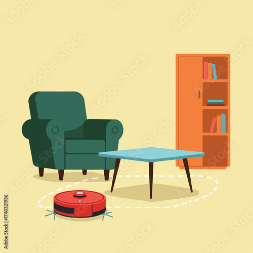 A robotic vacuum cleans the floor in a living room, surrounded by furniture