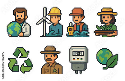 Pixel art of environmental workers and eco-friendly symbols