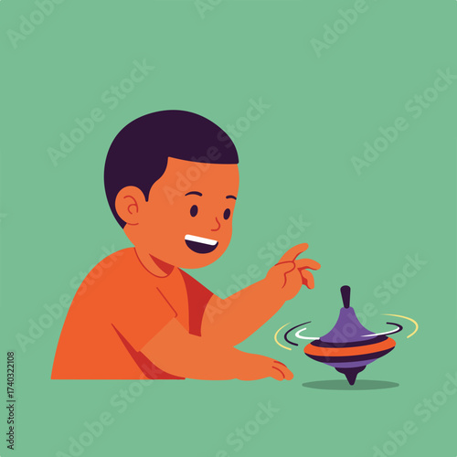 A child plays with a spinning top on a green background