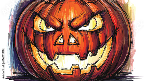 Vibrantly illustrated menacing jack-o'-lantern with an intense glow, perfectly capturing the spooky essence of Halloween festivities and autumn traditions