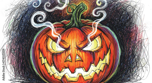 Spooky Illuminated Jack-o'-Lantern with Eerie Smoke – A Frightening Halloween Pumpkin Illustration for Festive Decorations and Celebrations