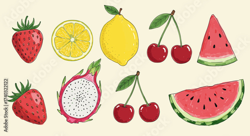 Vibrant collection of colorful hand-drawn fruit illustrations on a cream background