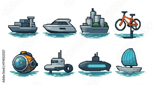 Pixel art transportation icons: boats, cityscape, bicycle, submarines, sailboat