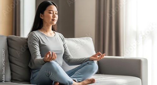 Woman Meditating at Home Relaxation and Mindfulness Practice