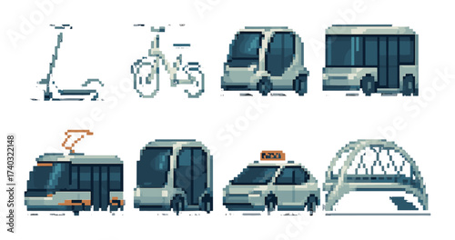 Pixel art: urban transportation icons with bicycles, cars, buses, and taxis
