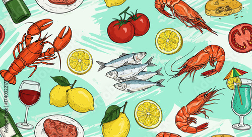 Vibrant Seafood and Citrus Pattern Design for Restaurant and Culinary Decoration