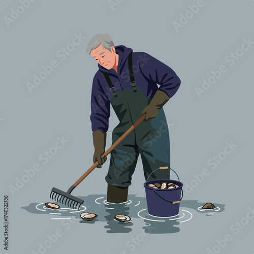 Elderly man raking for shellfish in shallow water