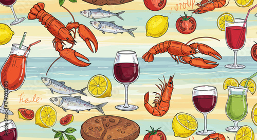 Hand-drawn summer pattern with seafood, drinks and beach background illustration