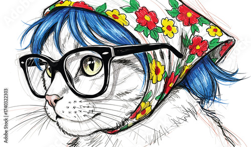 Cool Cat in Headscarf and Glasses A Whimsical Illustration