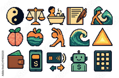 Retro pixel icons: balance, wellness, exercise, finance, technology