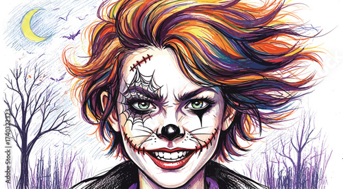 Striking illustration of a person adorned with vibrant sugar skull makeup, blending festive cultural art with eerie Halloween motifs for a captivating and expressive visual