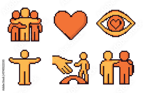 Pixel art illustrations of human connection and relationships in warm colors
