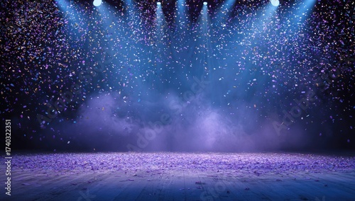 A stage lit by spotlights with falling confetti and purple fog, ready for a show
