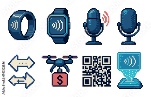 Pixel art gadgets and technology icons with smartwatch and qr code
