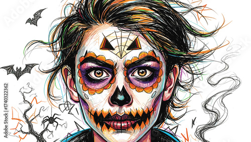 A vibrant Halloween Portrait with Sugar Skull Makeup