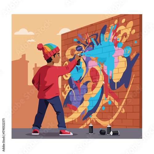 Young person in colorful hat sprays vibrant abstract art on brick wall