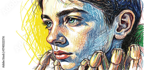 Close-up illustration of a young person with expressive eyes, rendered in a colorful, textured style, evoking emotion and contemplation