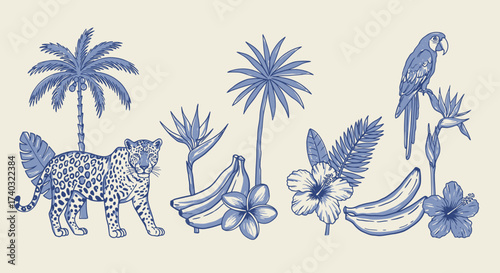 Vintage inspired tropical toile de jouy pattern with leopard parrot bananas flowers