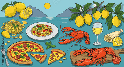 Cartoon Italian feast with lobster, pizza, pasta, lemons, and wine on a sunny day