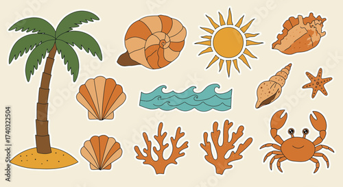 Cute Summer Beach Vector Illustration with Palm Tree and Sea Animal Elements