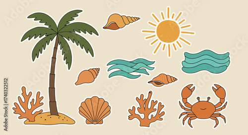 Whimsical summer beach elements sticker collection perfect for vacation designs
