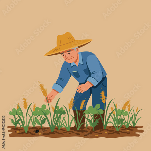 Farmer with straw hat tends to wheat and leafy plants in a field