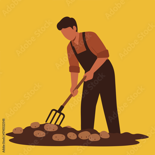 Person digging for potatoes with a pitchfork in soil