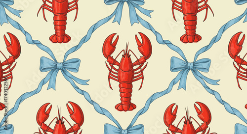 Elegant Seafood Pattern: Red Lobsters and Blue Ribbons on a Creamy Background