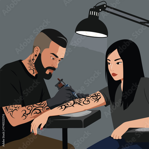 Tattoo artist inking intricate design onto client's arm under lamp