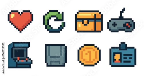 Retro pixel icons: heart, chest, game controller, arcade machine, coin, id badge