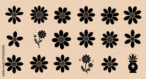 Monochrome floral pattern with daisies and plant in a pot on light background