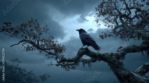 Mysterious black raven perches on a gnarled, moss-covered tree branch against a dramatic, stormy sky