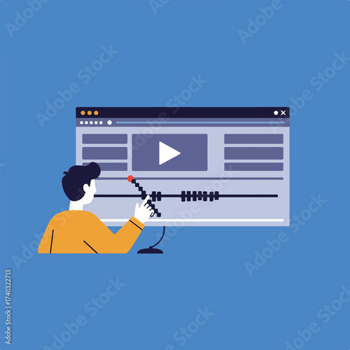 Person editing video on a computer timeline with play button visible
