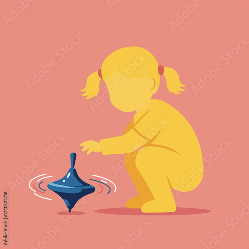 A yellow child with pigtails plays with a spinning blue top on a pink background