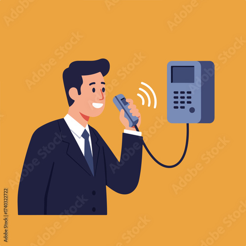 A person in a suit speaks into a phone attached to a wall, with sound waves emanating
