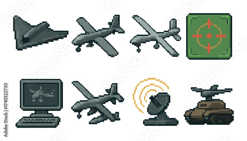 Pixel art drone icons with radar and targeting systems